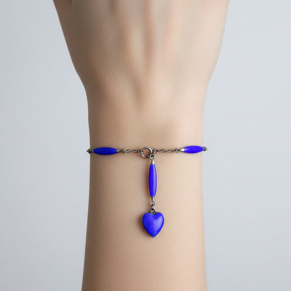 Art Deco Sterling Silver Cobalt Blue Enamel Heart Bracelet