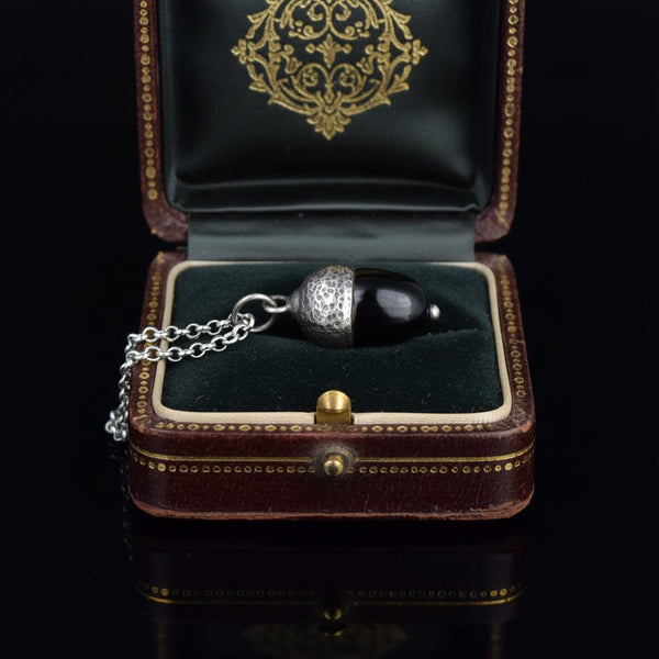 Antique Arts & Crafts Silver Whitby Jet Acorn Charm Necklace