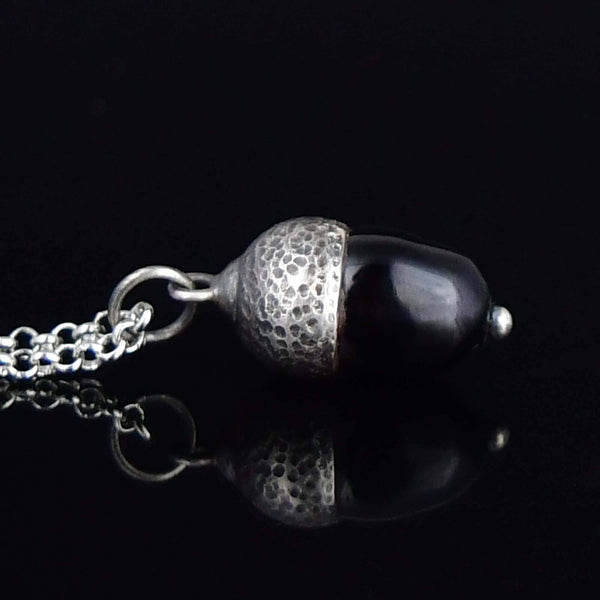 Antique Arts & Crafts Silver Whitby Jet Acorn Charm Necklace