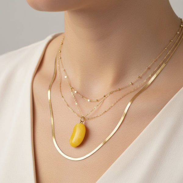 Vintage 9K Gold Lemon Quartz Lucky Bean Charm Necklace