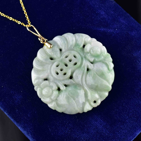 Large Vintage 14K Gold Carved Jade Pendant Necklace - Boylerpf
