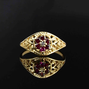 Vintage 10K Gold Diamond Ruby Cluster Statement Ring - Boylerpf