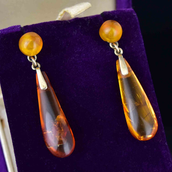 Vintage Art Deco Gold Baltic Amber Torpedo Stud Drop Earrings - Boylerpf