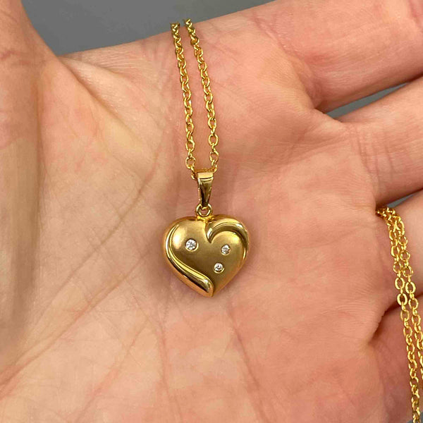 Solid 14K Gold Diamond Puffy Heart Pendant Necklace - Boylerpf