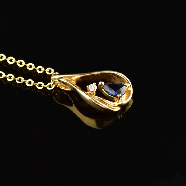 14K Gold Pear Cut Blue Sapphire Diamond Pendant Necklace - Boylerpf