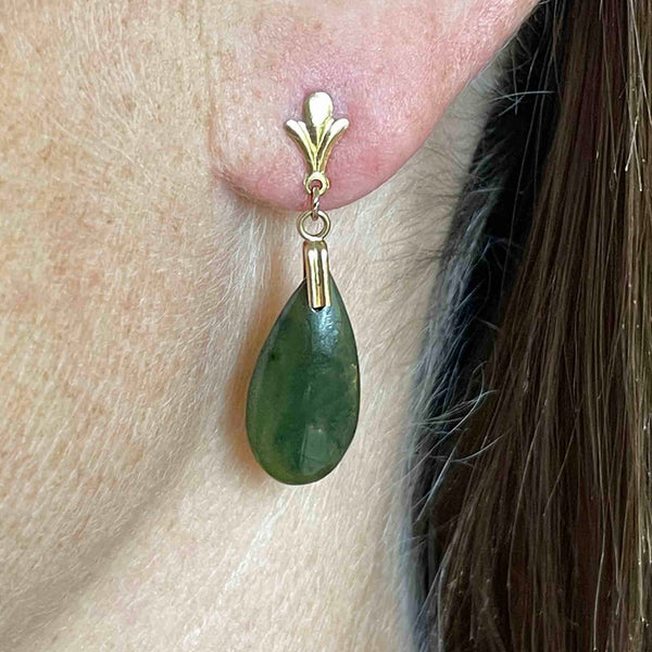 14K Gold Fluer de Lis Jade Teardrop Earrings - Boylerpf