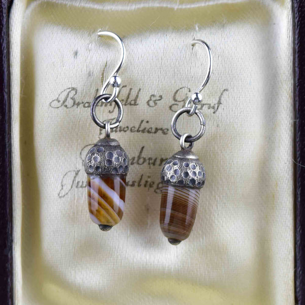 Silver Banded Agate Acorn Drop Earrings - Boylerpf