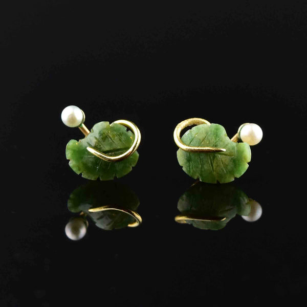 14K Gold Carved Leaf Jade Pearl Stud Earrings - Boylerpf