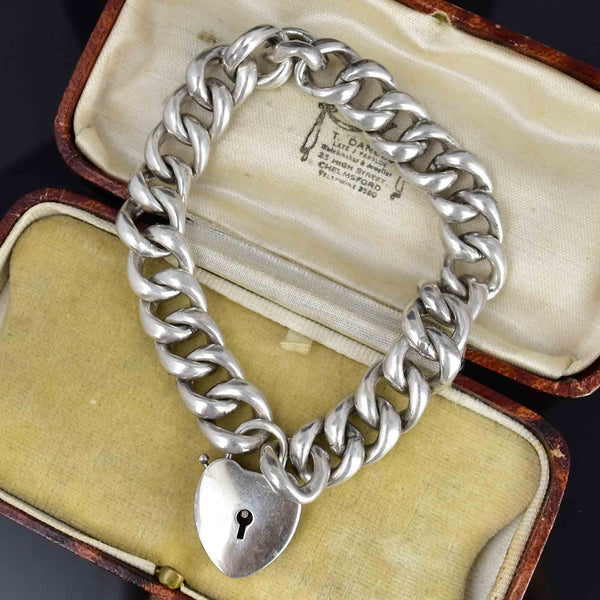 Antique Silver Heart Padlock Curb Chain Victorian Bracelet - Boylerpf