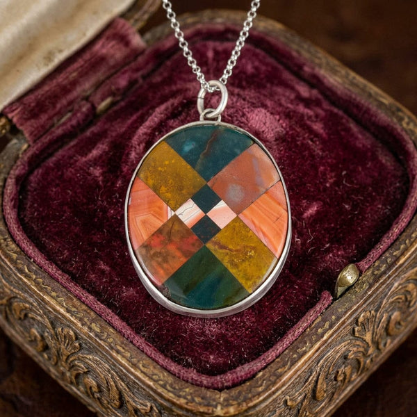 Antique Large Mosaic Scottish Agate Sterling Silver Pendant Necklace