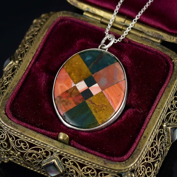 Antique Large Mosaic Scottish Agate Sterling Silver Pendant Necklace