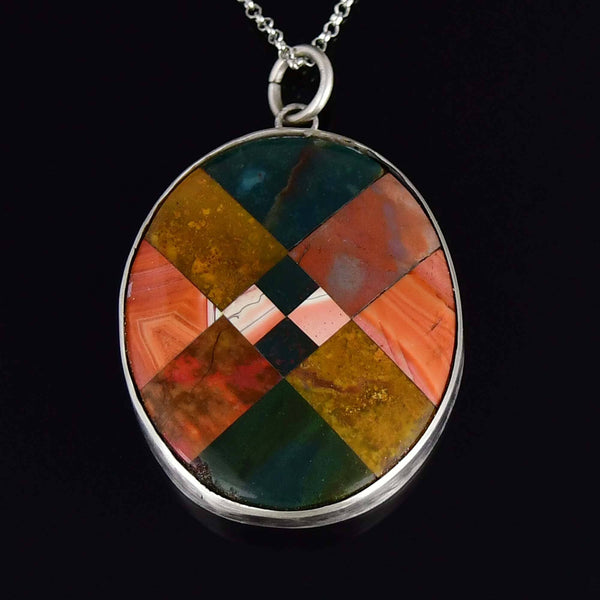 Antique Large Mosaic Scottish Agate Sterling Silver Pendant Necklace