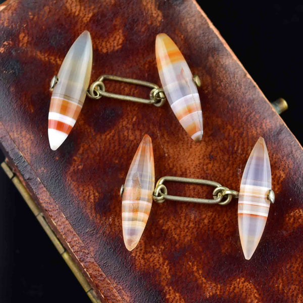 Antique Scottish Banded Agate Gilded Silver Cufflinks - Boylerpf