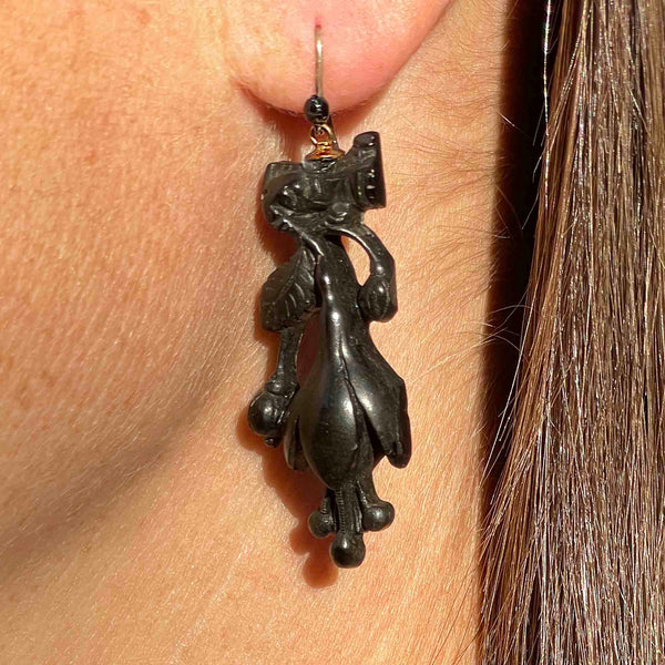 Antique Victorian Whitby Jet Snowdrop Dangle Earrings - Boylerpf