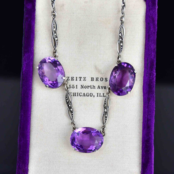 Art Deco Style Sterling Silver Amethyst Marcasite Necklace - Boylerpf