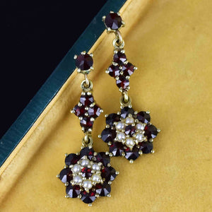 Vintage Floral Seed Pearl Garnet Stud Drop Earrings - Boylerpf