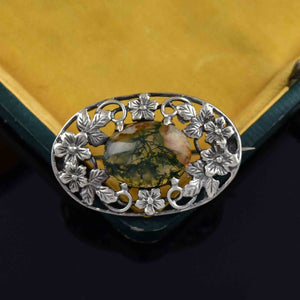 Arts and Crafts Silver Forget Me Not Scottish Moss Agate Brooch - Boylerpf