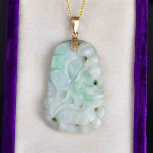Vintage 14K Gold Carved Jade Dragon Bat Double Sided Pendant Necklace - Boylerpf