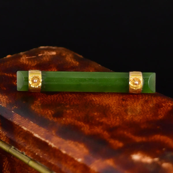Antique Jade 9K Gold Forget Me Not Bar Brooch