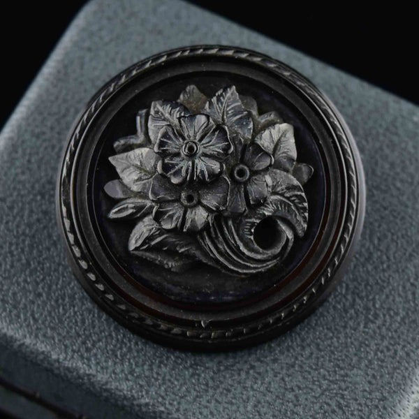 Antique Carved Whitby Jet Forget Me Not Locket Brooch - Boylerpf