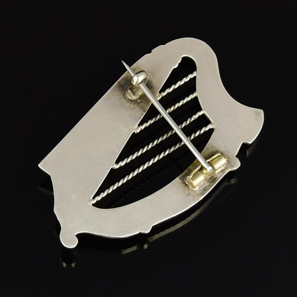 Antique Victorian Irish Connemara Marble Lyre Harp Brooch