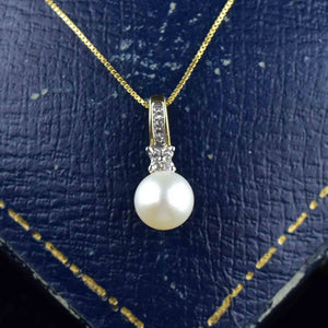 Vintage 10K Gold Diamond Pearl Pendant Necklace - Boylerpf