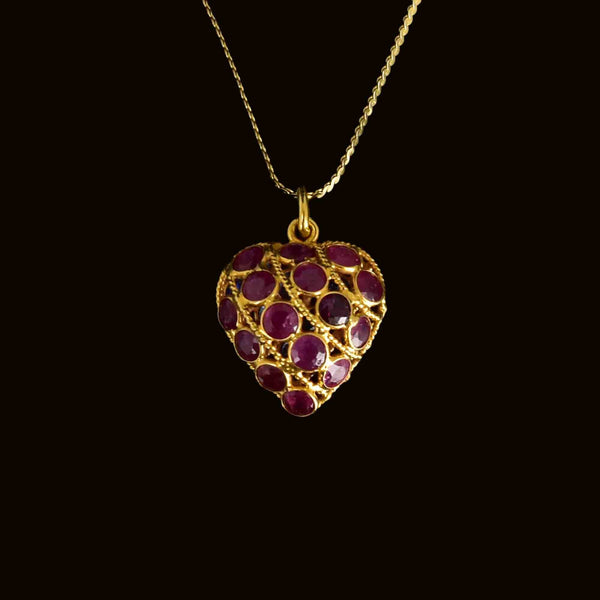 Vintage 14K Gold Filigree Ruby Sapphire Heart Pendant Necklace - Boylerpf