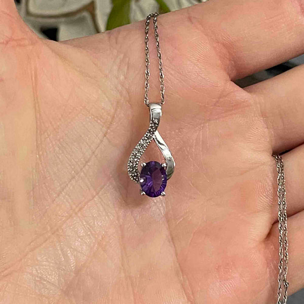 Vintage 10K White Gold Amethyst Diamond Pendant Necklace - Boylerpf