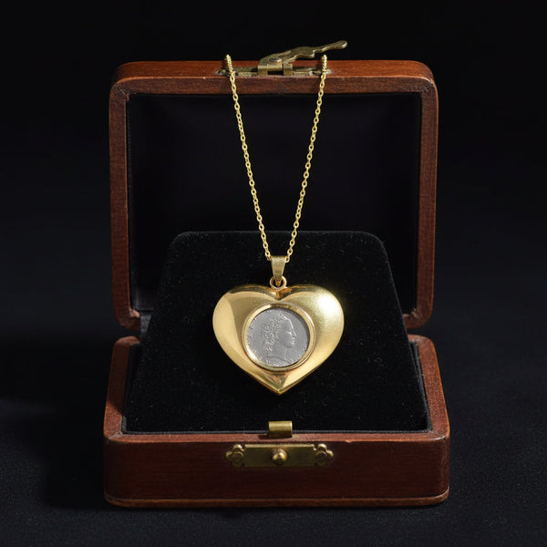 Vintage Lire Coin 14K Gold Heart Pendant Necklace