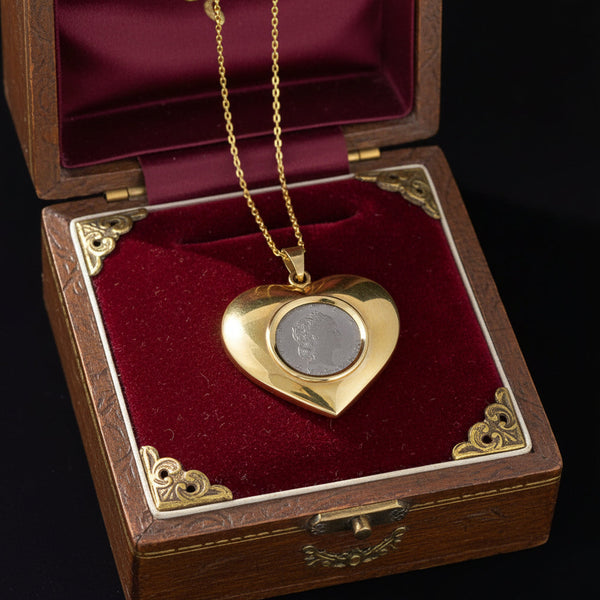 Vintage Lire Coin 14K Gold Heart Pendant Necklace