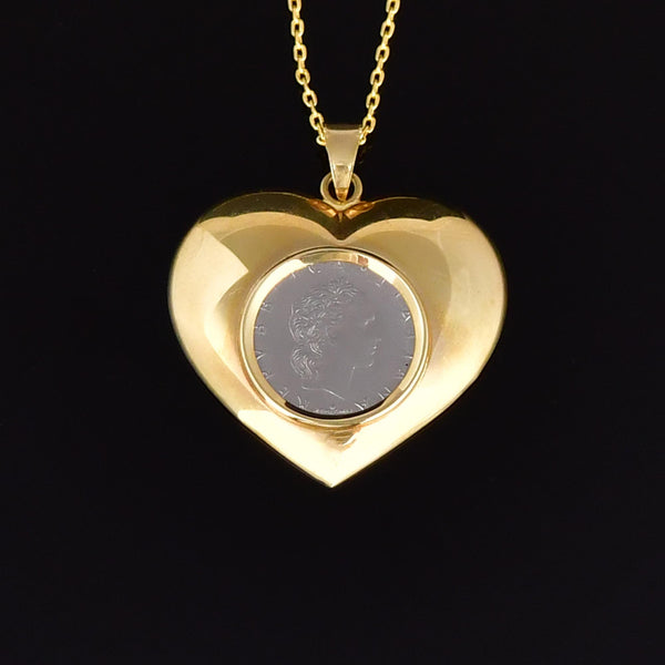 Vintage Lire Coin 14K Gold Heart Pendant Necklace