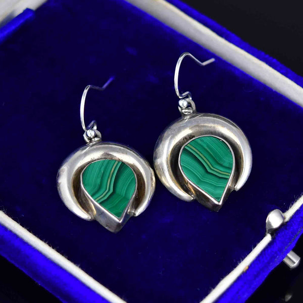 Vintage Pear Cut Malachite Silver Crescent Moon Earrings - Boylerpf