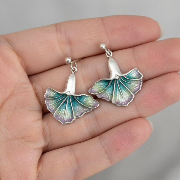 Antique Sterling Silver Enamel Ginkgo Leaf Earrings - Boylerpf