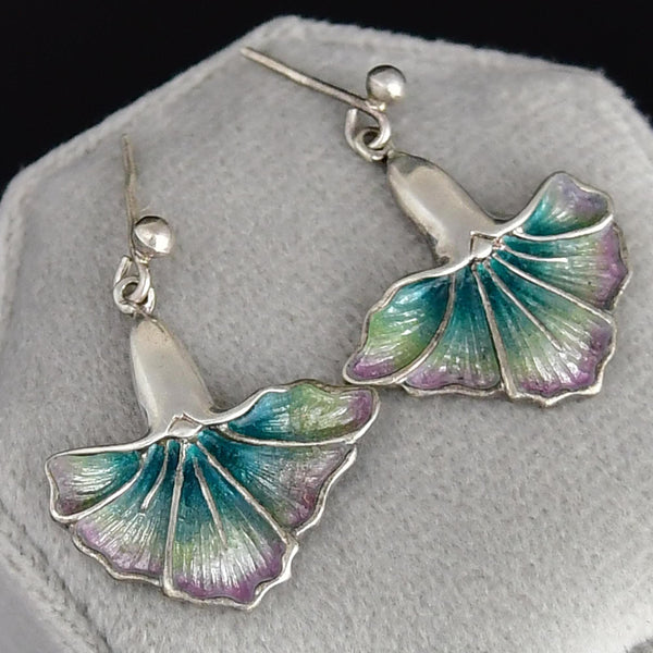 Antique Sterling Silver Enamel Ginkgo Leaf Earrings - Boylerpf