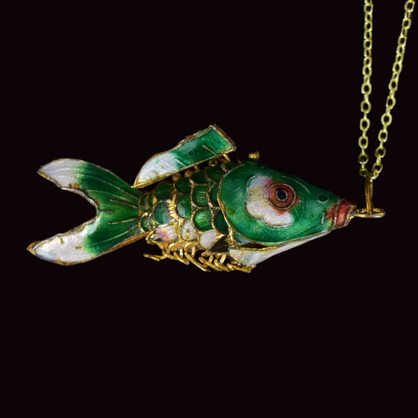 Vintage Articulated Green Enamel Koi Fish Pendant Necklace - Boylerpf