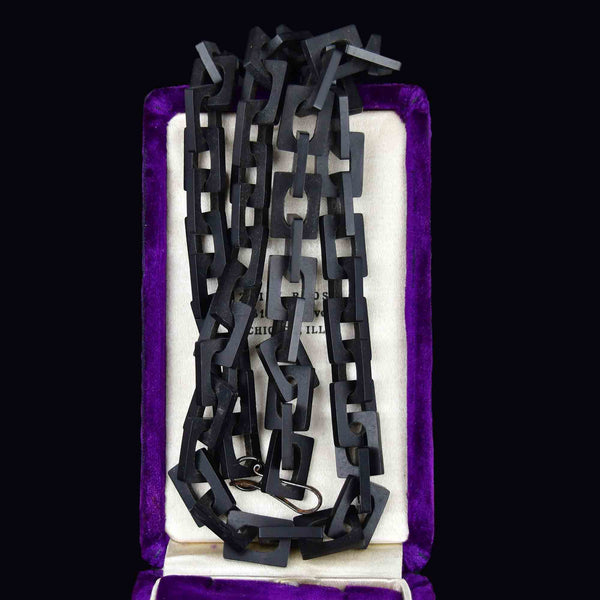 Victorian Long Chain Link Black Vulcanite Necklace - Boylerpf