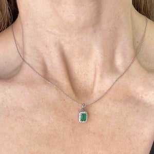 Vintage Sterling Silver Emerald Diamond Halo Pendant Necklace - Boylerpf