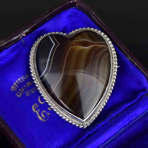 Antique Victorian Silver Scottish Banded Agate Heart Brooch - Boylerpf