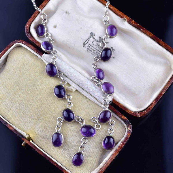 Vintage Art Deco Style Amethyst Cabochon Drop Necklace - Boylerpf
