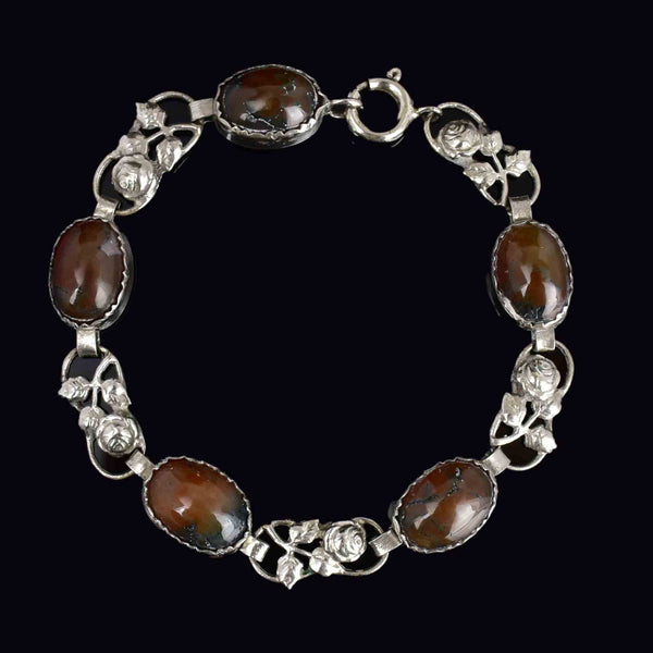 Vintage Arts and Crafts Style Silver Scottish Moss Agate Bracelet - Boylerpf