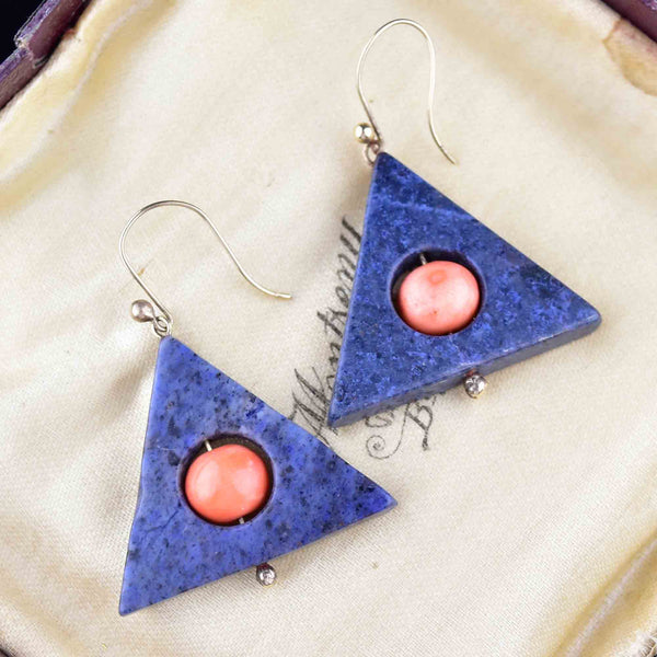 Vintage Geometric Coral Blue Agate Drop Earrings - Boylerpf
