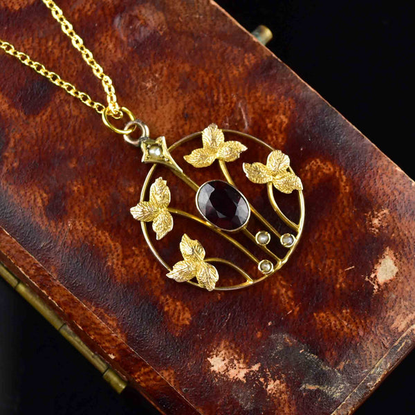 Vintage 9K Gold Garnet Floral Lavalier Necklace - Boylerpf