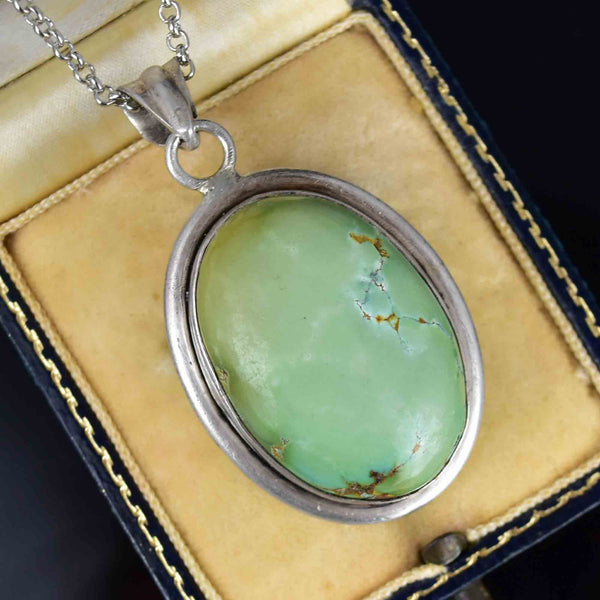 Vintage Large Sterling Silver Turquoise Cabochon Pendant Necklace - Boylerpf