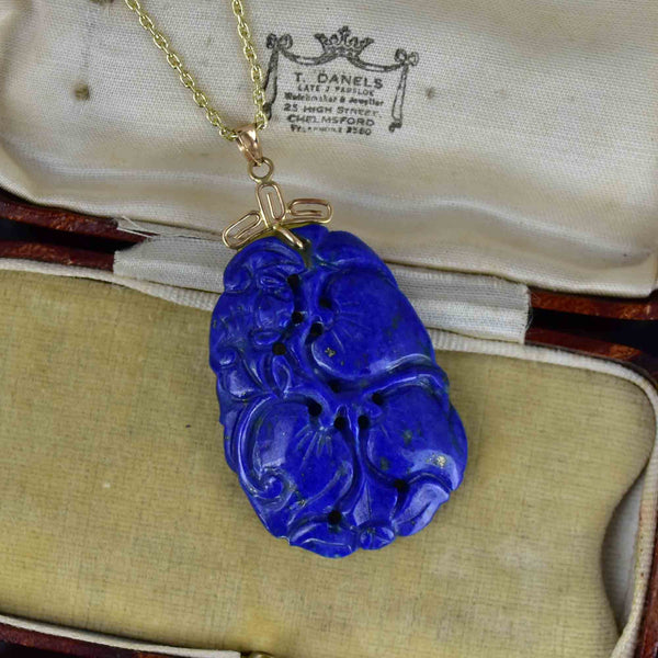 Vintage 14K Gold Carved Lapis Lazuli Flower Pendant Necklace - Boylerpf