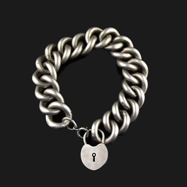 Vintage Silver Heart Padlock Curb Chain Bracelet - Boylerpf