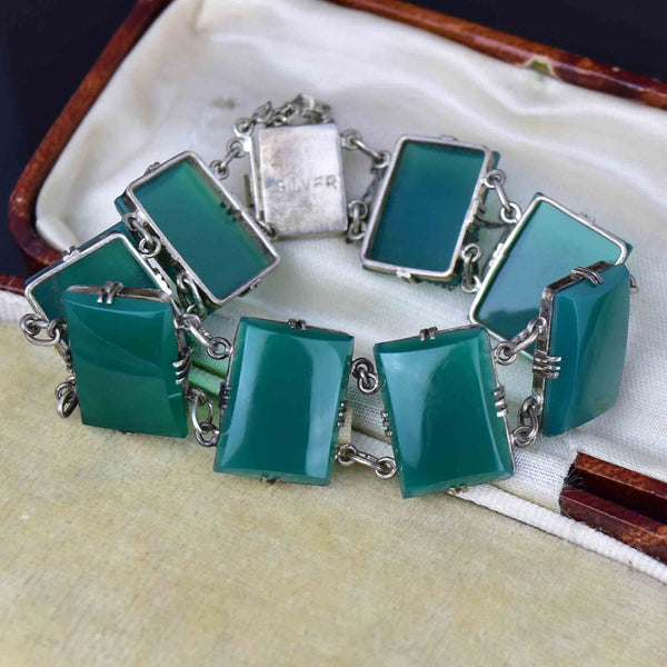 Sterling Silver Art Deco Chrysoprase Wide Link Chain Bracelet - Boylerpf