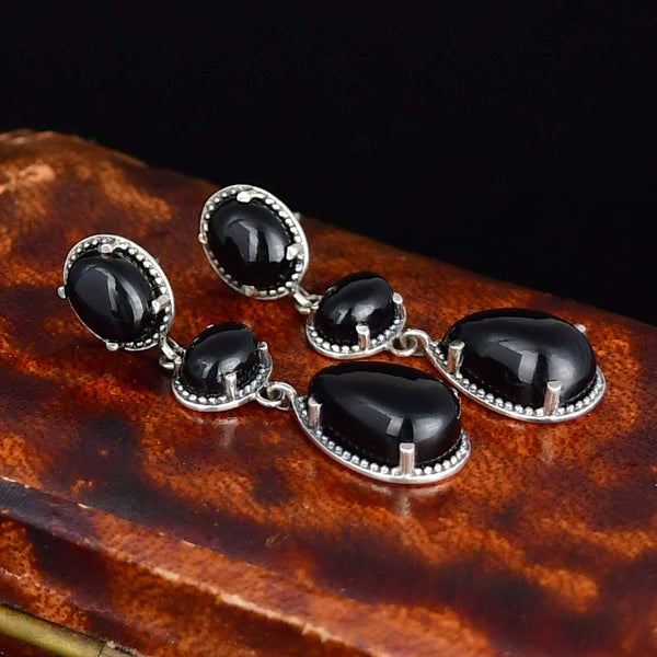 Vintage Sterling Silver Black Onyx Three Stone Drop Earrings - Boylerpf