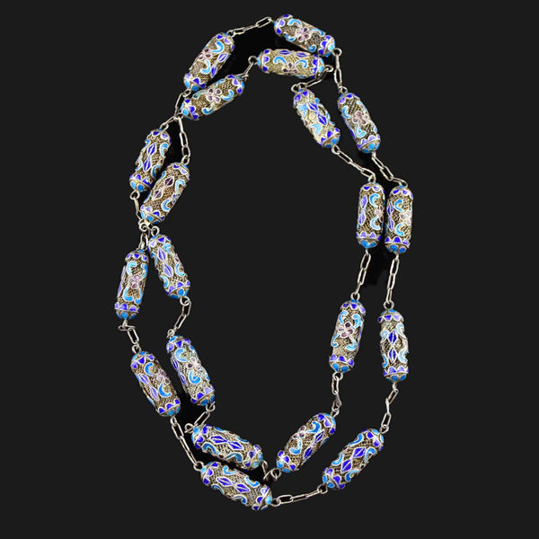 Vintage Long Silver Blue Enamel Floral Chain Necklace - Boylerpf