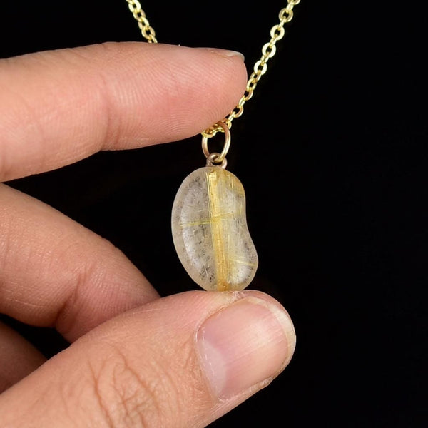 Vintage Rutilated Quartz 9K Gold Lucky Bean Necklace