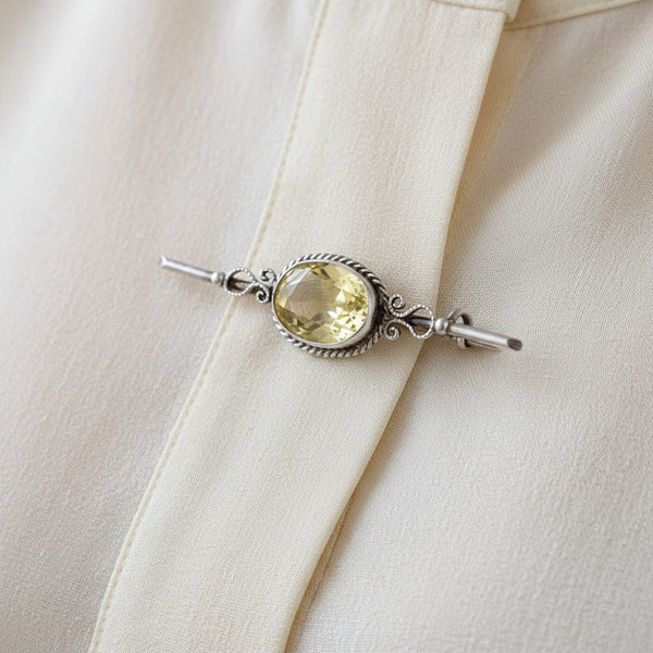 Vintage Sterling Silver Citrine Bar Brooch